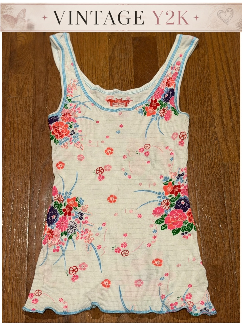 Free People Cream Ribbed Tank with Pink & Blue Floral Print